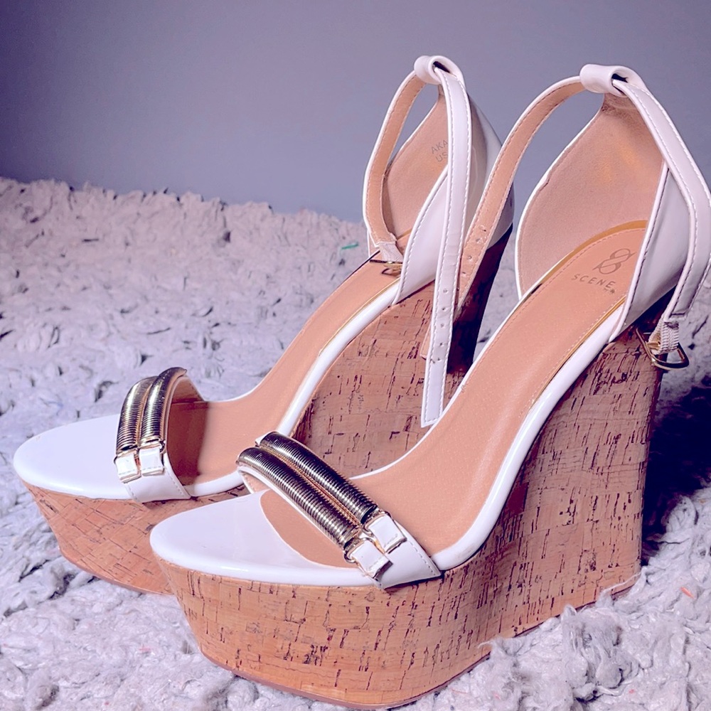 White cork screw heels. Brand-Scene. Model-Akacha.